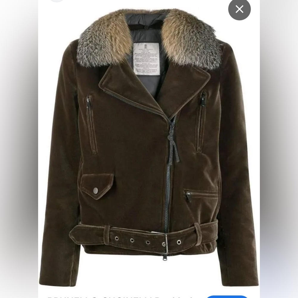 BRUNELLO Cucinelli Velvet Zip Up Buckle Jacket Detachable Fox Fur Collar Small